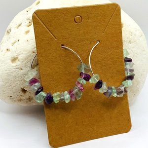 ❤️NEW Earrings Hoop Boho Fluorite Chip Stone Silver Tone